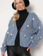 acajo Cardigan Albastru cu Model Floral închis cu Agrafa Decorativă Patinită