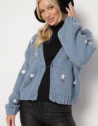 acajo Cardigan Albastru cu Model Floral închis cu Agrafa Decorativă Patinită