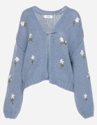 acajo Cardigan Albastru cu Model Floral închis cu Agrafa Decorativă Patinită