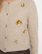 acajo Cardigan Bej Deschis cu Lână Decorat cu Flori Metalice Zemilaine