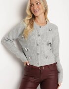 acajo Cardigan Deschis Gri cu Lână Decorat cu Flori Metalice Zemilaine
