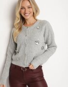 acajo Cardigan Deschis Gri cu Lână Decorat cu Flori Metalice Zemilaine