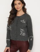 acajo Cardigan Gri cu Nasturi din Lână Decorat cu Broderii Nelzara