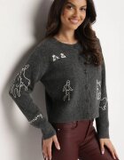 acajo Cardigan Gri cu Nasturi din Lână Decorat cu Broderii Nelzara