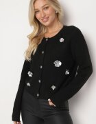 acajo Cardigan Negru cu Nasturi cu Lână Decorat cu Flori Metalice Zemilaine