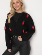 acajo Cardigan Negru Deschis Scurt cu aplicații în formă de căpșuni Lorinelle