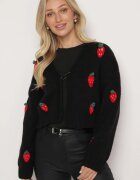acajo Cardigan Negru Deschis Scurt cu aplicații în formă de căpșuni Lorinelle