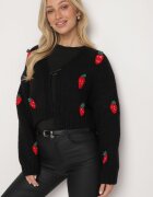 acajo Cardigan Negru Deschis Scurt cu aplicații în formă de căpșuni Lorinelle