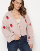 acajo Cardigan Roz Deschis Cropped cu Aplicații în formă de Căpșuni Lorinelle