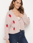 acajo Cardigan Roz Deschis Cropped cu Aplicații în formă de Căpșuni Lorinelle