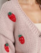 acajo Cardigan Roz Deschis Cropped cu Aplicații în formă de Căpșuni Lorinelle