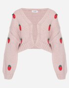 acajo Cardigan Roz Deschis Cropped cu Aplicații în formă de Căpșuni Lorinelle