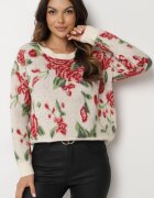 acajo Pulover Clasic Bej deschis cu croi tip cutie cu model floral rustic cu fir metalic Savielle
