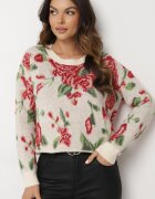 acajo Pulover Clasic Bej deschis cu croi tip cutie cu model floral rustic cu fir metalic Savielle