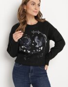 acajo Pulover Negru cu Broderie Decorativă în Față Minavira