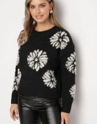 acajo Pulover Negru cu Lână cu Croială Simplă cu Imprimeu Floral Tinthera