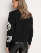 acajo Pulover Negru cu Lână cu Croială Simplă cu Imprimeu Floral Tinthera