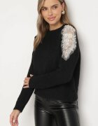 acajo Pulover Negru Decorat cu Paiete Zirconii și Perle cu Lână Tiavella