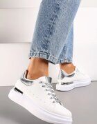  Adidași Alb-Argintii cu Platformă cu Inserție Metalică și Șireturi cu Sclipici Wuriana