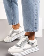  Adidași Alb-Argintii cu Platformă Decorați cu Sclipici și Fermoar Heliaza