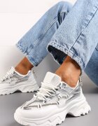  Adidași Alb-Argintii pe Talpă Groasă cu Curea cu Zirconii Novallie