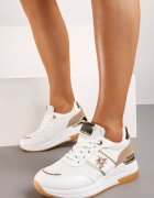  Adidași Alb-Auriu peste gleznă din Piele Ecologică pe platformă cu Șireturi și Ornament Metalic Galeira
