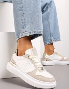 Adidași Alb-Bej pe Platformă cu Inserții Materiale și Zirconii La Șireturi Nylith