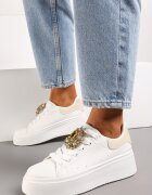  Adidași Alb-Bej pe Platformă cu Perforații și Piatră Decorativă Dilhela