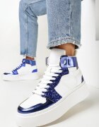  Adidași Alb-Bleumarin cu talpă groasă plată cu gleznă înaltă cu sclipici și inserții metalice Byreli