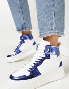  Adidași Alb-Bleumarin cu talpă groasă plată cu gleznă înaltă cu sclipici și inserții metalice Byreli