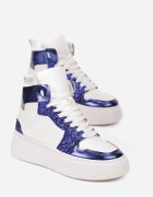  Adidași Alb-Bleumarin cu talpă groasă plată cu gleznă înaltă cu sclipici și inserții metalice Byreli