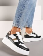 Adidași Alb-Negru Înalți până la Gleză din Imitație de Piele cu Șireturi și Perforații Uzimena