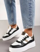  Adidași Alb-Negru Înalți până la Gleză din Imitație de Piele cu Șireturi și Perforații Uzimena