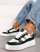  Adidași Alb-Negru Înalți până la Gleză din Imitație de Piele cu Șireturi și Perforații Uzimena