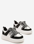  Adidași Alb-Negru pe Talpă Groasă cu Cusături și Șireturi Decorate Nalveri