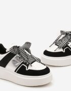  Adidași Alb-Negru pe Talpă Groasă cu Cusături și Șireturi Decorate Nalveri