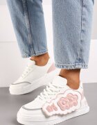  Adidași Alb-Roz cu Talpă Groasă cu Aplicații Florale din Cauciuc Benalita