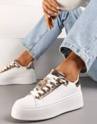  Adidași Alb-Șampanie cu Ornament Metalic cu Zirconii la Șireturi Awenttes