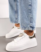  Adidași Albi-Aurii cu șireturi cu talpă groasă cu ornament metalic și Zirconii Cavendra
