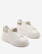  Adidași Albi-Aurii cu șireturi cu talpă groasă cu ornament metalic și Zirconii Cavendra
