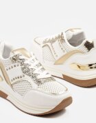  Adidași Albi-Aurii cu Talpă Groasă cu Zirconii și Ornamente Metalice Tawiela