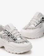  Adidași albi cu talpă groasă cu zirconii și șiret decorativ Evadnie