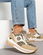  Adidași bej închis decorate cu model de leopard cu talpă groasă și cu inserții metalice Gonnith
