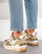  Adidași bej închis decorate cu model de leopard cu talpă groasă și cu inserții metalice Gonnith