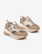  Adidași bej închis decorate cu model de leopard cu talpă groasă și cu inserții metalice Gonnith