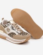 Adidași bej închis decorate cu model de leopard cu talpă groasă și cu inserții metalice Gonnith