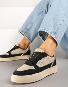  Adidași Bej-Negru cu Talpă Groasă Sclipici Perforații și Împletitură Mirreina
