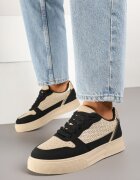  Adidași Bej-Negru cu Talpă Groasă Sclipici Perforații și Împletitură Mirreina