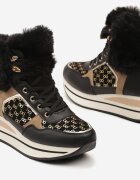  Adidași Negri cu talpă groasă decorați cu blană și inserții metalice Miathrae