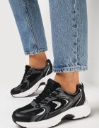  Adidași Negri din piele ecologică cu talpă plată cu șireturi și imprimeuri Fenrial
